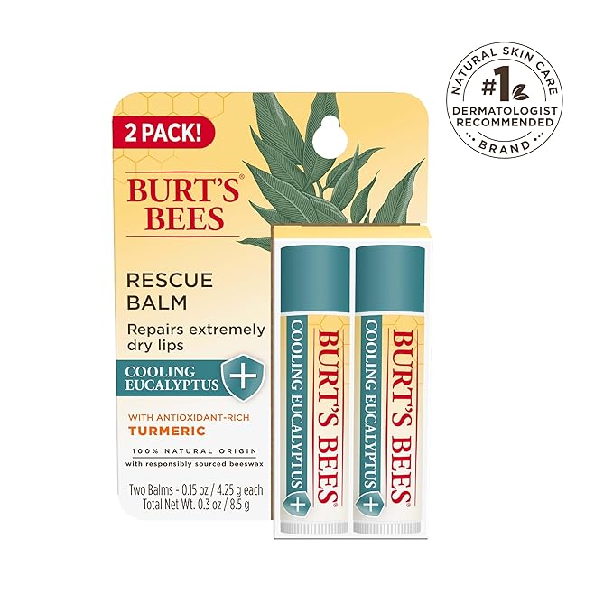 Burt's Bees 100% Natural Origin Rescue Lip Balm With Beeswax and Antioxidant-Rich Turmeric Promotes Healing Of Extremely Dry Lips, Cooling Eucalyptus, 2 Tubes in Blister Box(Pack May Vary)-Velvo Beauty