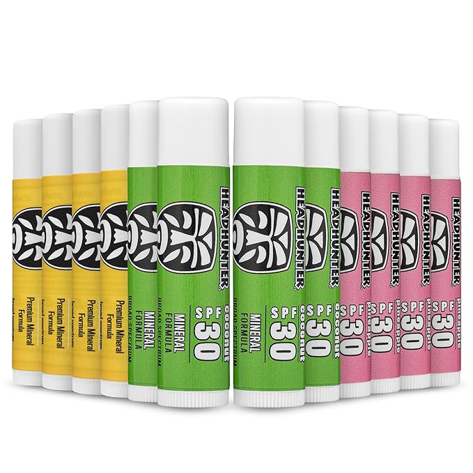 Headhunter Sport Chapstick Sunscreen SPF 30, Natural Mineral Waterproof Lip Balm For Sun Protection, Ultra Solar Defense - Reef Safe Sunblock Chap Stick, 3 Flavors - Coconut, Pineapple, Mango (12 Pack)-Velvo Beauty