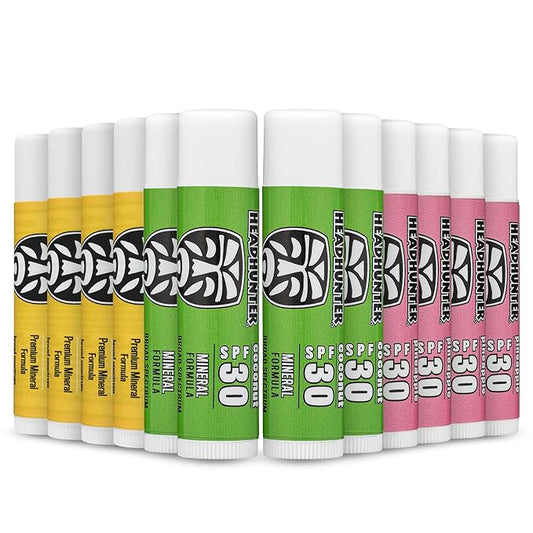 Headhunter Sport Chapstick Sunscreen SPF 30, Natural Mineral Waterproof Lip Balm For Sun Protection, Ultra Solar Defense - Reef Safe Sunblock Chap Stick, 3 Flavors - Coconut, Pineapple, Mango (12 Pack)-Velvo Beauty