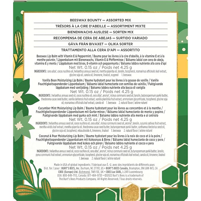 Burt's Bees Holiday Gift, 4 Lip Balms Stocking Stuffer, Assorted Mix Set, Classic Beeswax, Vanilla, Cucumber Mint & Coconut And Pear-Velvo Beauty