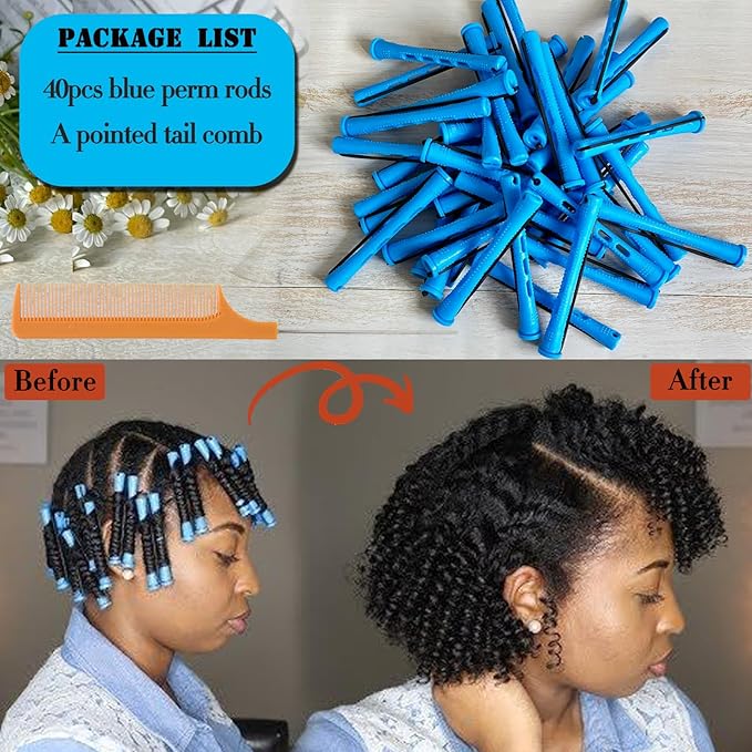 40pcs Perm Rods Set for Natural Hair Blue Plastic Cold Wave Rods Hair Curling Rollers with Steel Pintail Comb Rat Tail DIY Hairdressing Tools（40pcs Blue）-Velvo Beauty