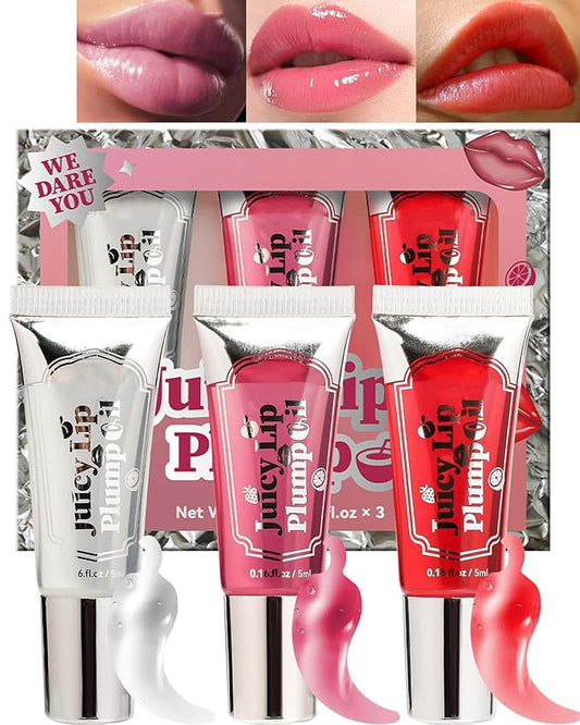 Plumping Lip Oil Kit-3Pcs Hydrating Glossier Tinted Lip Gloss,Long Lasting Lip Plumper and Pout Booster LIpgloss, Moisturizing Non-Sticky Natural Fuller Lip Tint Stain, Makeup Gift for Women-Set A-Velvo Beauty