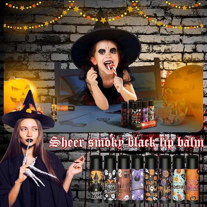 48 Pcs Halloween Spooky Lip Balm Gifts Bulk Black Lip Moisturizers Makeup Lipstick Ghost Spiderweb Skull Bat, Honey Flavor for Halloween Party Treat Bag Stuffers Women Men Adults-Velvo Beauty
