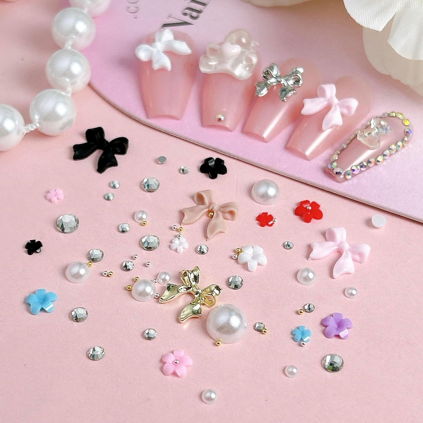 White Pearl Nail Charms and Gems, 3D Colorful Flower Kawaii Metal Bow Charms for Nail Art Rhinestone Nail for Manicure DIY Crafts Jewelry Accessories-Velvo Beauty