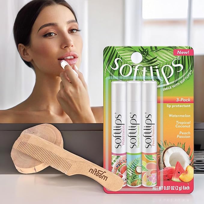 SoftLips Lip Balm, 0.63 oz - Tropical Lip Balm in Hydrating Watermelon, Coconut & Peach Flavors with Shea Butter & Vitamin E, Bundle with Moofin Wooden Comb, Nourishing LipBalm Set (Pack of 1)-Velvo Beauty