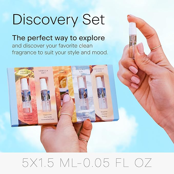 Skylar Perfume Discovery spray Sampler Set - Peach Fields, Vanilla Sky, Lime Sands, Salt Air, Coconut Cove - Hypoallergenic & Clean Perfume for Women & Men - 5 1.5mL-Velvo Beauty