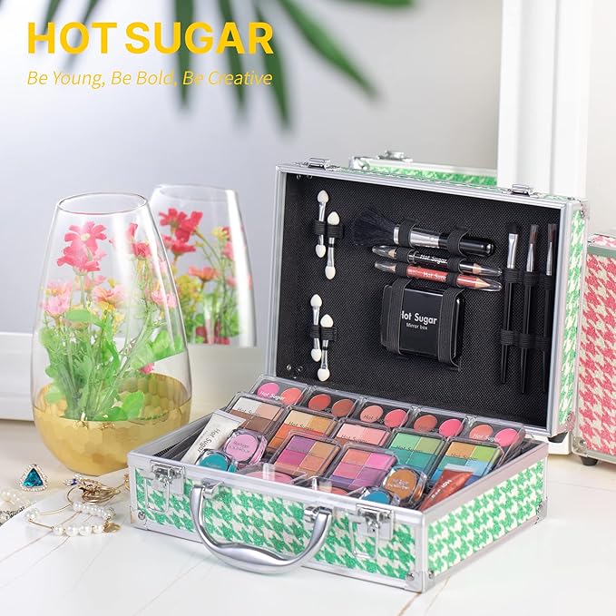 Hot Sugar Teen Makeup Kit for Girls 10-13 Full Starter Cosmetics Set with Eye Shadow Lip Balm Blush Lip Gloss Brush Lip Pencil Eye Pencil and Mirror (GREEN HOUNDSTOOTH)-Velvo Beauty