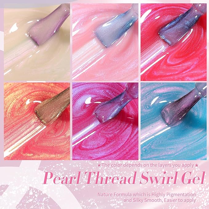 Born Pretty Pearl Gel Nail Polish Aurora Iridescent Glitter Shimmer Mermaid Pearl Gel Polish Drawing Gel Nail Polish Shell Swirl Thread Effect Nail Gel Soak Off Led Summer DIY Gift 6PCS-Velvo Beauty