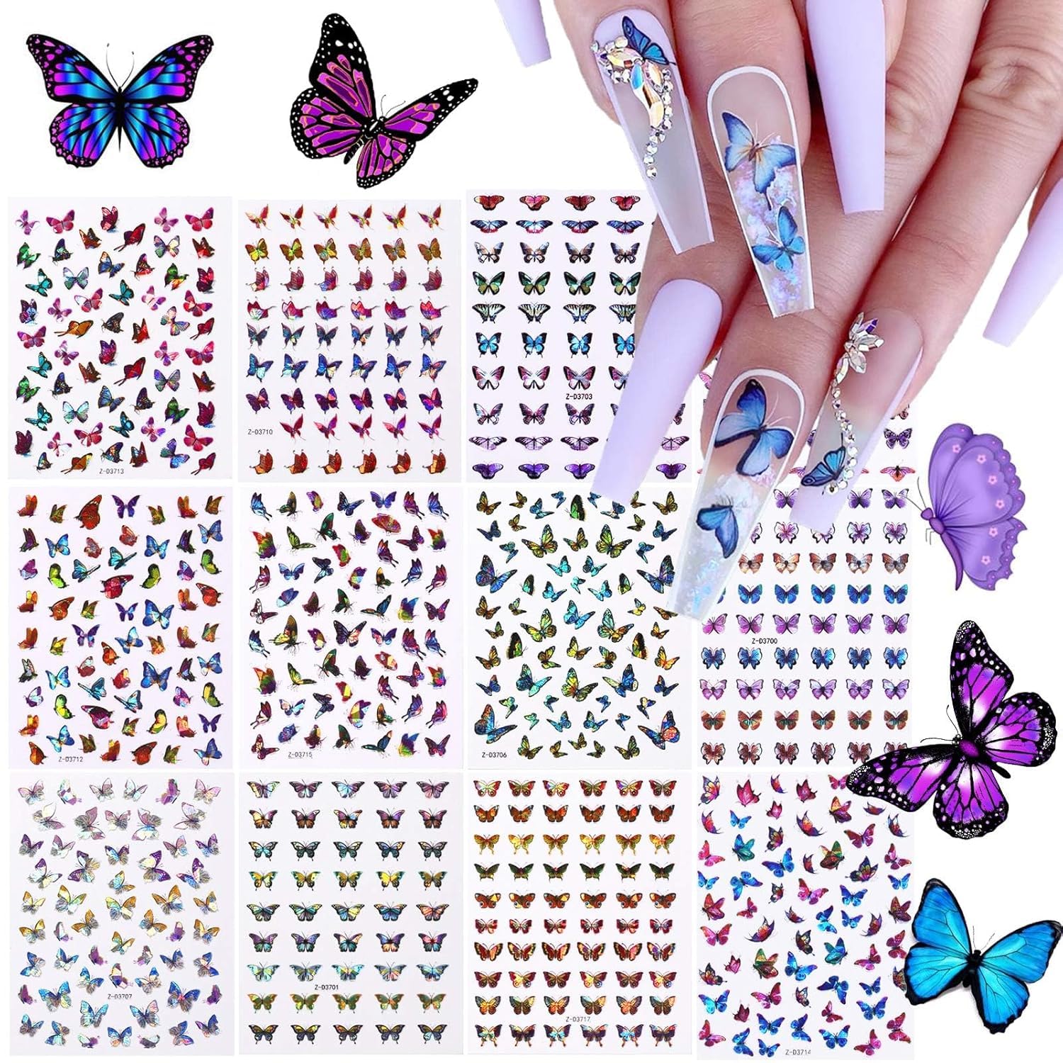 TOROKOM 12 Sheets Butterfly Nail Art Stickers, 3D Self-Adhesive Nail Decals with Colorful Laser Butterflies Designs for DIY Manicure Decor-Velvo Beauty