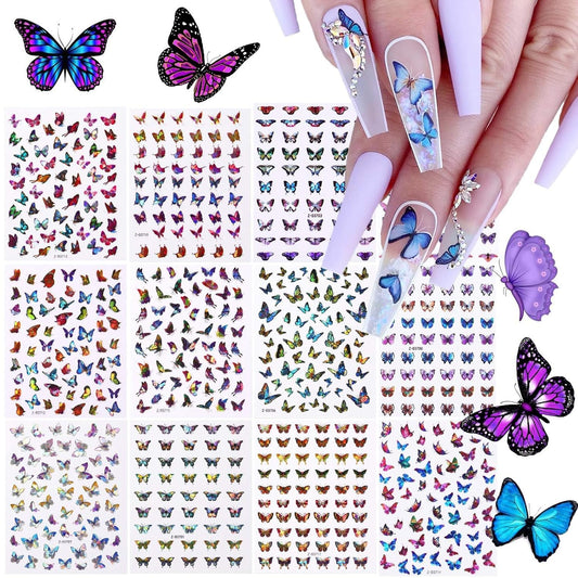 TOROKOM 12 Sheets Butterfly Nail Art Stickers, 3D Self-Adhesive Nail Decals with Colorful Laser Butterflies Designs for DIY Manicure Decor-Velvo Beauty