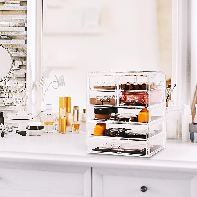 Sorbus Acrylic Makeup Organizer - Organization and Storage Case for Cosmetics Make Up & Jewelry - Big Clear Makeup Organizer for Vanity, Bathroom, College Dorm, Closet, Desk (3 Large, 4 Small Drawers)-Velvo Beauty