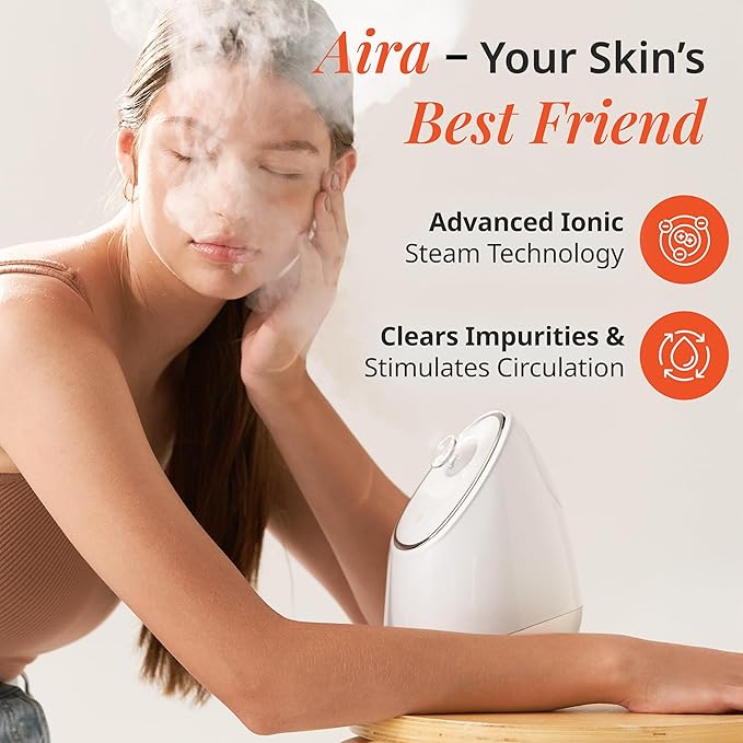 Vanity Planet Aira Ionic Facial Steamer (Beige) - Pore Cleaner That Detoxifies, Cleanses and Moisturizes - Adjustable Nozzle, Water Tank with 3 Essential Oil Baskets-Velvo Beauty