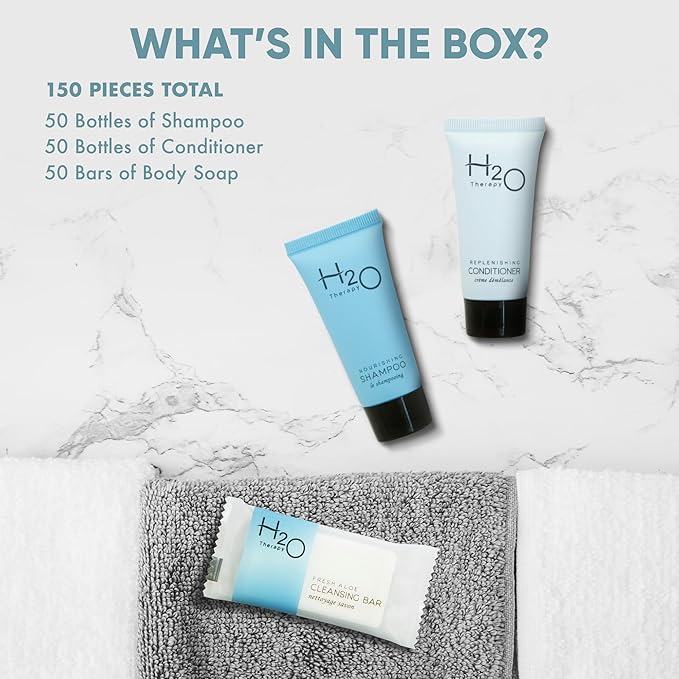 H2O Therapy Hotel Soaps and Toiletries Bulk Set | 1-Shoppe All-In-Kit Amenities for Hotels & Airbnb | 0.85 oz Hotel Shampoo & Conditioner, 1 oz Bar Soap Travel Size | 150 Pieces-Velvo Beauty