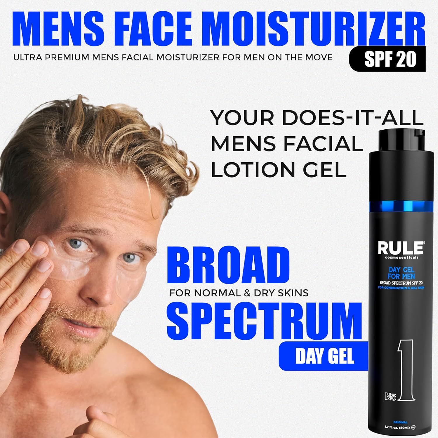 No.1 Day Gel for Men, 10-in-1 Anti-Aging Face Moisturizer to Reduce Wrinkles, SPF 20, Collagen, Vitamins B, C & E - Combination & Oily Skin - Original, 50 mL-Velvo Beauty