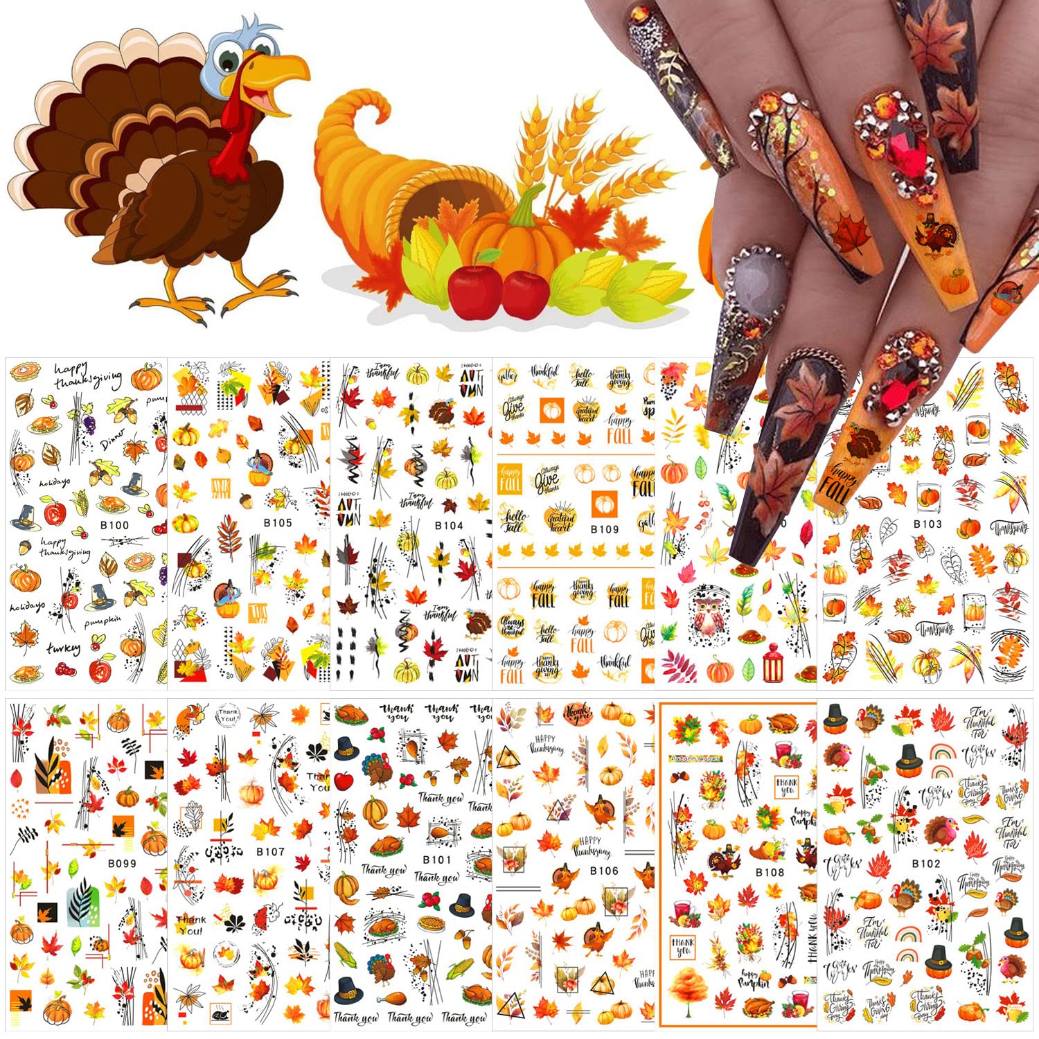 12 Sheets Fall Nail Art Stickers 3D Autumn Leaves Nail Decals Self-Adhesive Thanksgiving Nail Art Accessories Foils Maple Leaf Pumpkin Turkey Nail Designs for Women Girls DIY Manicure Decoration-Velvo Beauty