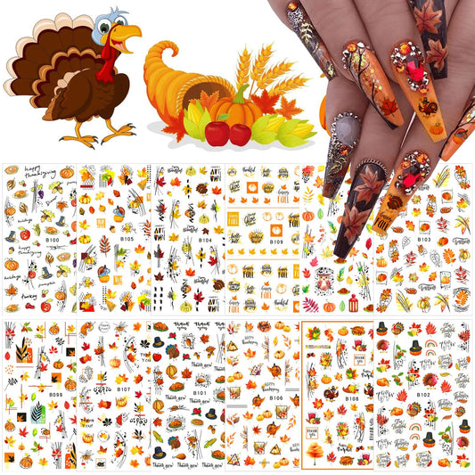 12 Sheets Fall Nail Art Stickers 3D Autumn Leaves Nail Decals Self-Adhesive Thanksgiving Nail Art Accessories Foils Maple Leaf Pumpkin Turkey Nail Designs for Women Girls DIY Manicure Decoration-Velvo Beauty