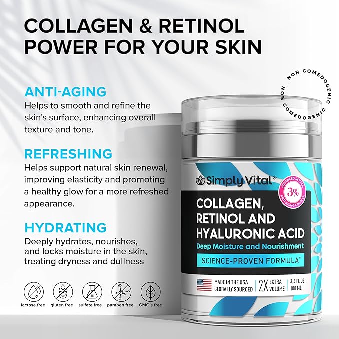 SimplyVital Collagen, Retinol & Hyaluronic Acid Cream - Anti-Aging Retinol Cream for Face, Neck & Décolleté - Made in USA - Daily Moisturizer Face Cream - 3.38 fl oz-Velvo Beauty