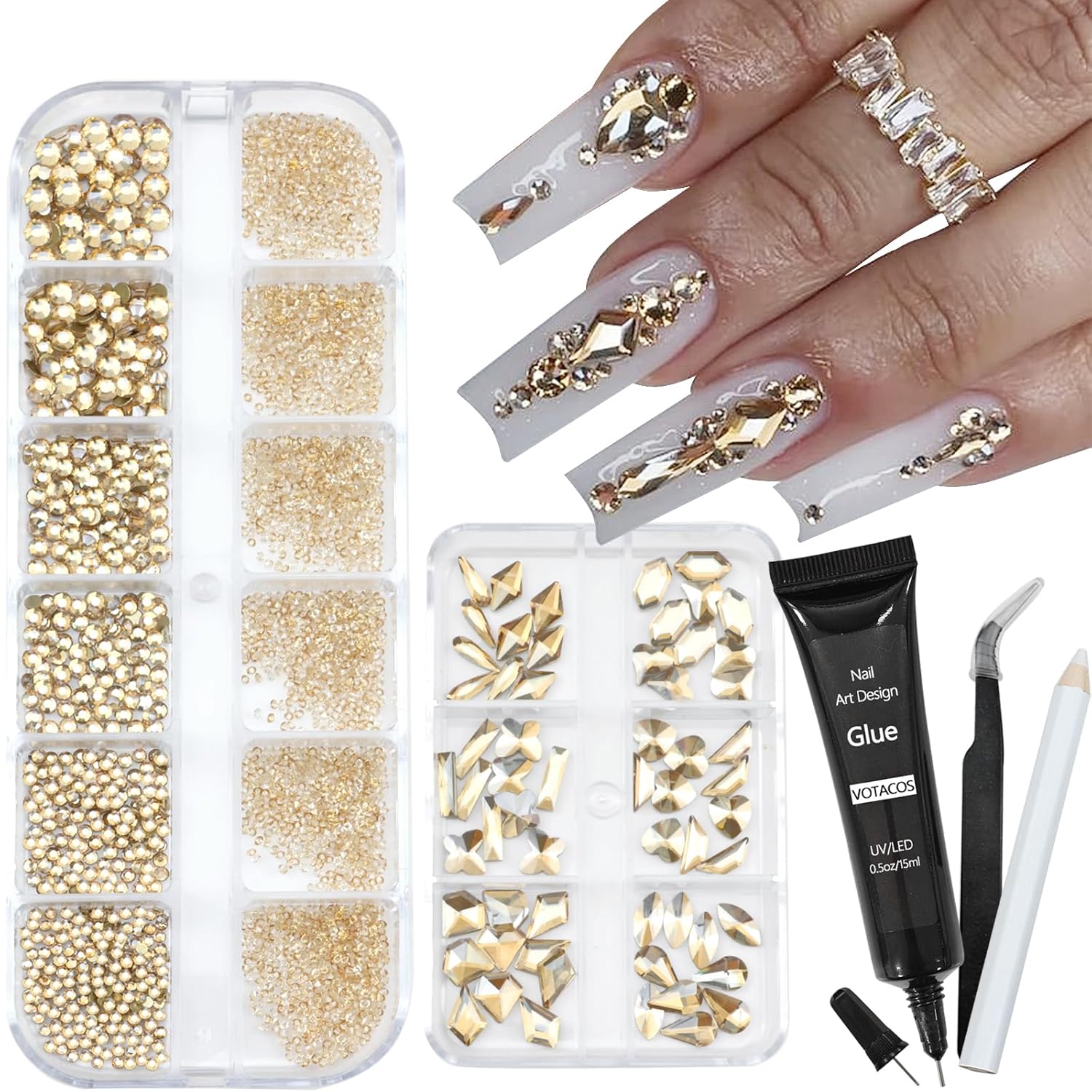 Nail Art Rhinestones with Glue Gel Flatback Nail Charms Luxurious Supplies Accessories Champagne Nails Gems Jewelry for Women Nails DIY Design Decoration,Champagne-Velvo Beauty