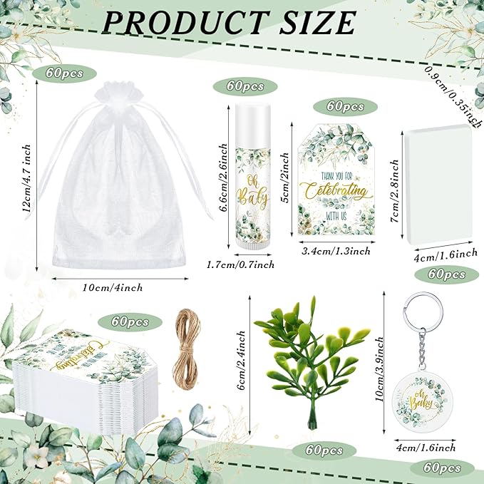 60 Sets 360 Pcs Lip Balm Soap Keychain Favors Eucalyptus Greenery Baby Shower Favors with Organza Bag Gift Card Faux Eucalyptus Greenery for Baby Shower Gift Gender Reveal Guest Prize-Velvo Beauty
