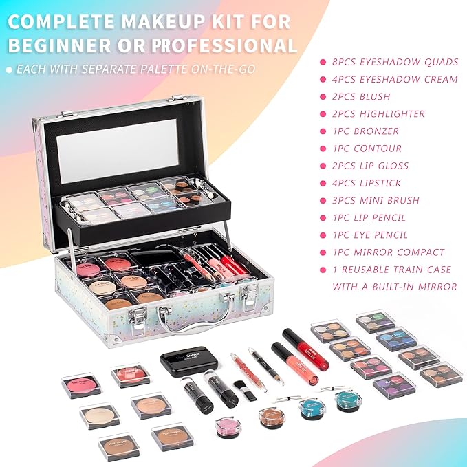 Hot Sugar Makeup Kit for Women Full Kit Teen Girls Starter Cosmetic Gift Set with Beautiful Rainbow Train Case Includes Pigmented Eyeshadow Palette Blush Lipstick Lip Pencil Eye Pencil (Rainbow)-Velvo Beauty