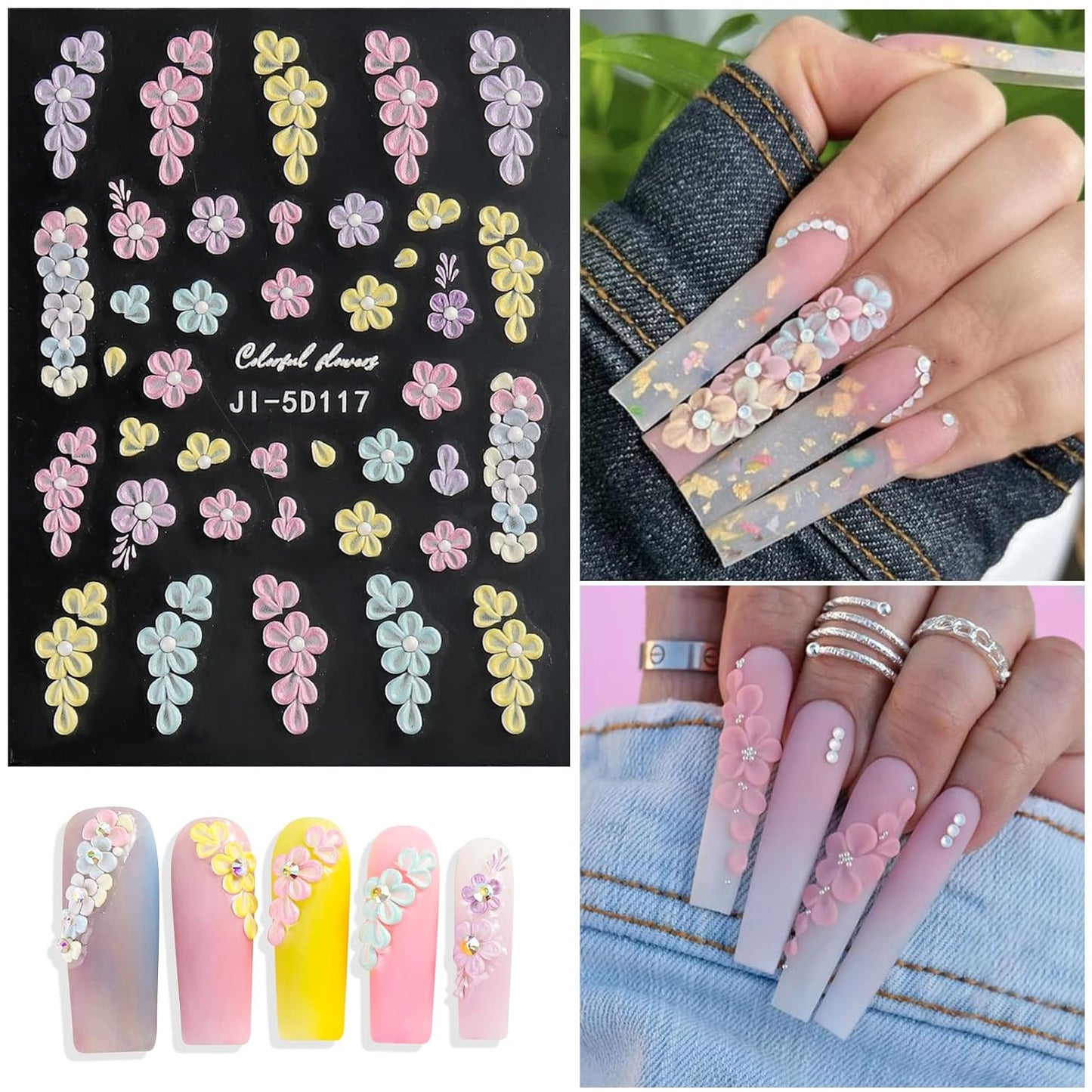 5 Sheets 5D Flower Nail Art Stickers Embossed Nail Decals Spring Summer Nails Art Design 3D Self-Adhesive Nails Supplies White Yellow Blue Colorful Flower Stickers for Women Nail Decoration-Velvo Beauty