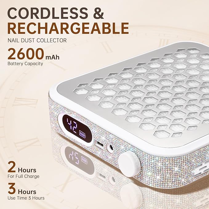 Nail Dust Collector, Rechargeable Dust Collector Nail Tech, Powerful Vacuum Fan Vent Dust Collector Extractor Dust Suction Machine for Acrylic Nails Polishing, Nail Salon&Home, White-Velvo Beauty