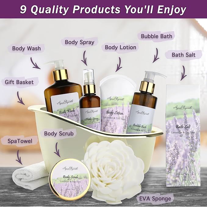 Spa Gift Baskets For Women - Luxury Bath Set With Lavender & Tea Tree Oil - Spa Kit Includes Body Wash, Bubble Bath, Lotion, Bath Salts, Body Scrub, Body Spray, Shower Puff, and Towel-Velvo Beauty