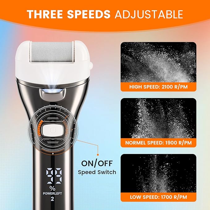 Electric Foot Callus Remover, Rechargeable Portable Electronic Foot File Pedicure Kits, 3 Roller Heads, 3 Speed, Battery Display for Remove Cracked Heels Calluses and Dead Skin-Velvo Beauty