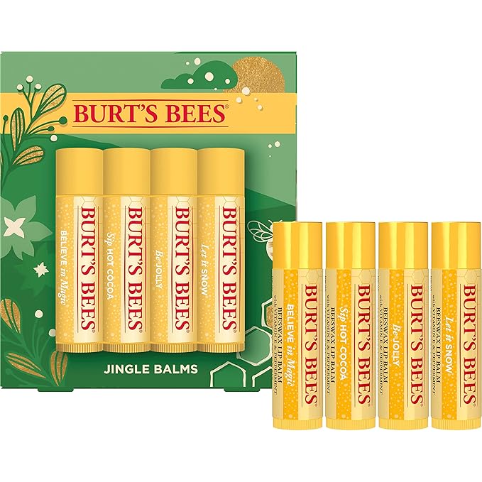 Burt's Bees Christmas Gifts, 4 Lip Balm Stocking Stuffers Products, Jingle Balms Set - Classic Beeswax Moisturizing Lip Balm-Velvo Beauty