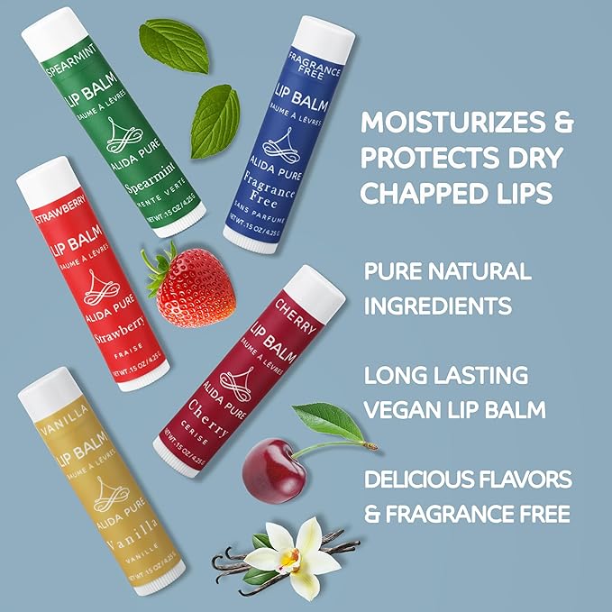 ALIDA PURE Melody Lip Balm Collection, Vegan, Lip Balm, Beeswax Free, with Avocado Oil, Organic Jojoba Oil, and Vitamin E, Natural Moisturizer for Dry, Chapped Lips, 5 Tube Set-Velvo Beauty