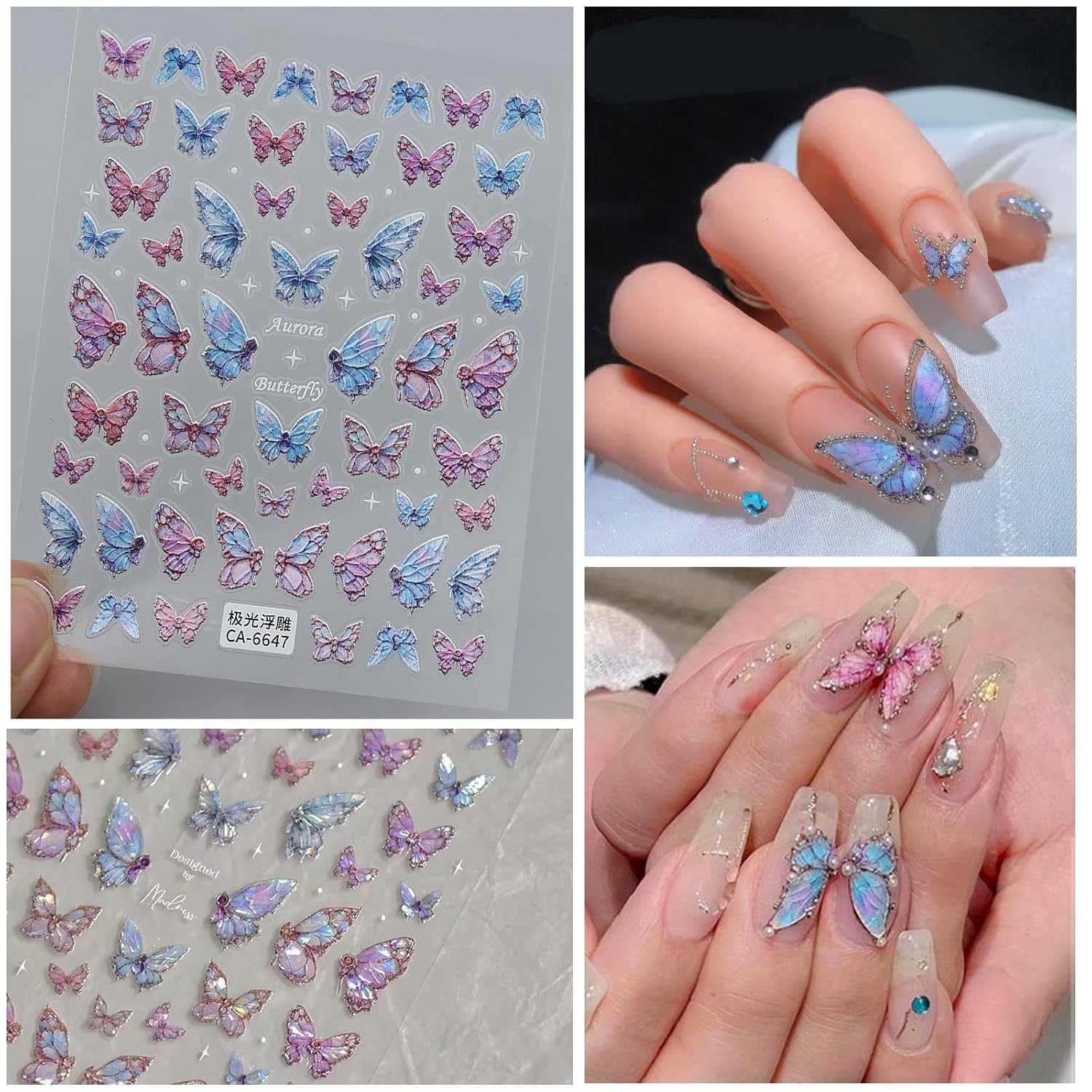 6 Sheets Butterfly Nail Art Stickers Decals 5D Embossed Nail Decals Spring Blue Pink Butterfly Nails Design Self-Adhesive Accessories 3D Nails Stickers for Women-Velvo Beauty