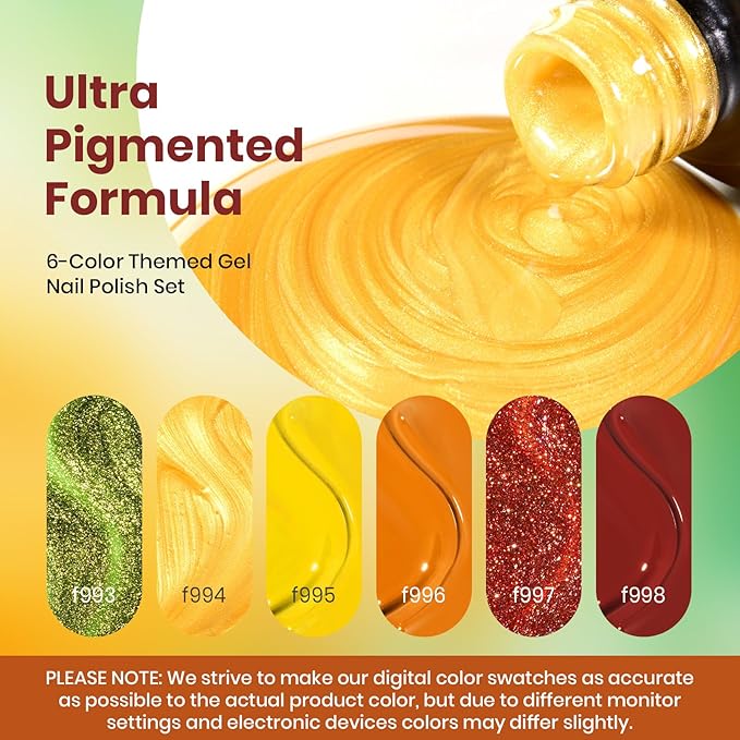 Beetles Fall Gel Nail Polish Set, 6Pcs Yellow Orange Burgundy Red Green Gel Polish Golden Glitter Nails Kit Autumn Realm Collection DIY Nail Art Gifts for Women-Velvo Beauty