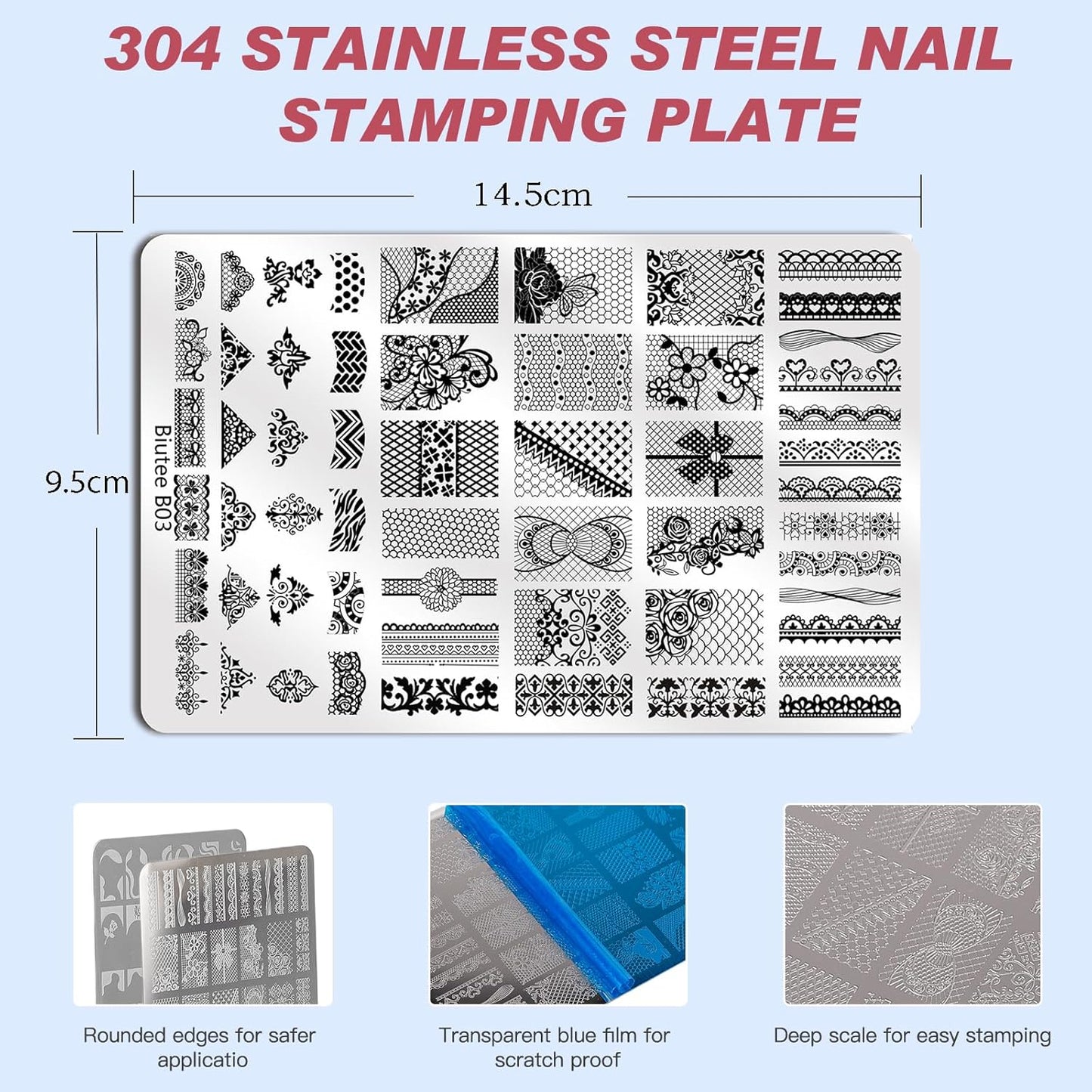 Biutee Nail Stamping Plates Set 2 PCS Large Plate 110 Patterns Nail Art Stamper Scraper Nail Stamp Template Kit French Line Lace Flower Design Masnicure Plates-Velvo Beauty