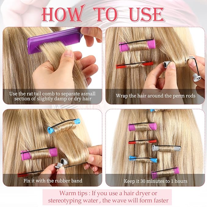 48 Pieces Hair Perm Rods Short Cold Wave Rods Plastic Perming Irons Hair Curling Rollers Curlers with Steel Pintail Comb Rat Tail Comb for Hairdressing Styling Supplies(4 Sizes,4 Colors)-Velvo Beauty
