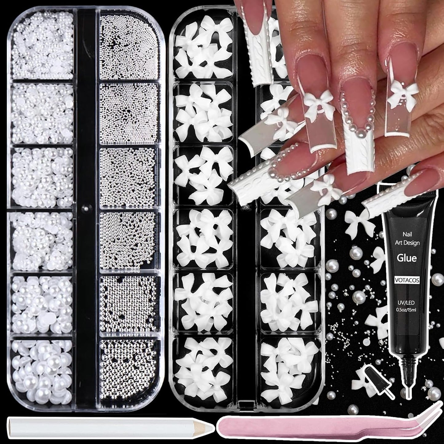 Bow Nail Art Charms with Rhinestones Glue Gel White Flatback Pearls Luxurious Nail Charms Supplies Accessories White Pearls Silver Steel Ball Nails Gems Jewelry for Women Nails Design-Velvo Beauty