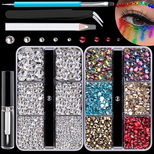 Colorful Face Gems for Makeup Set, Flatback Gorgeous Clear Glass Gem and Mixed-Colored Crystals with Makeup Glue+Picker Pencil+Tweezer+Dual-End Dotting Tool for Eye Body Hair Make-up and Nail Art Deco-Velvo Beauty