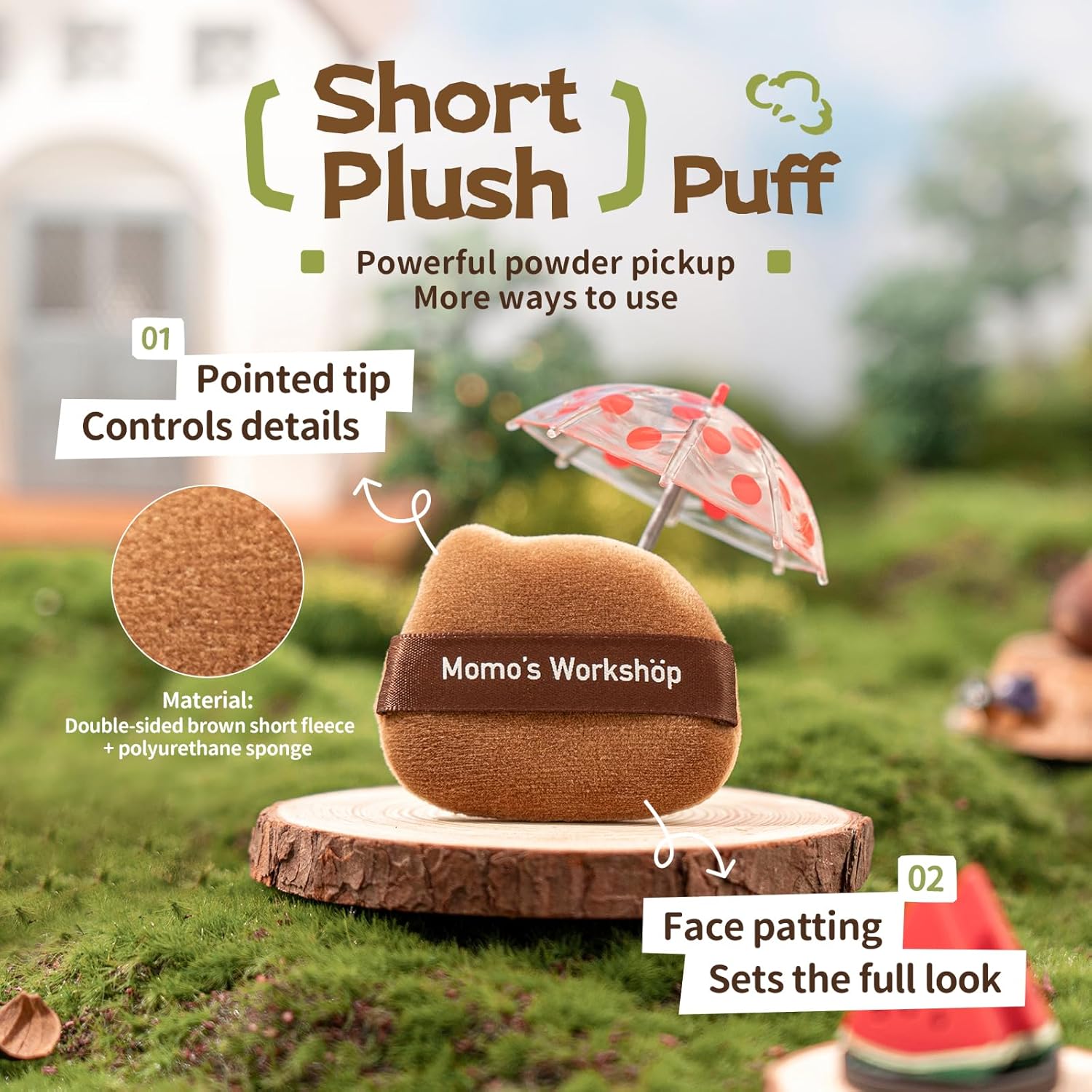 Single-Ear Short Plush Puff,Brown Velvet Powder Puff, 85° Pointed Tip for Highlighting & Full-Face Setting,3pcs Plush Puffs & Storage Case-Velvo Beauty