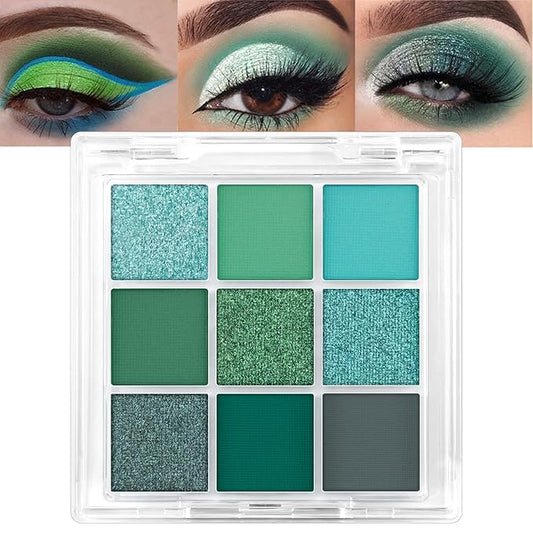 Erinde Matte Shimmer Light Deep Green Eye Shadow Palette Makeup Eyeshadow, Long Lasting Waterproof Cruelty-Free, 9 Blendable Shades Smooth Finishes Powder with Gorgeous Pearls for Girls-Velvo Beauty