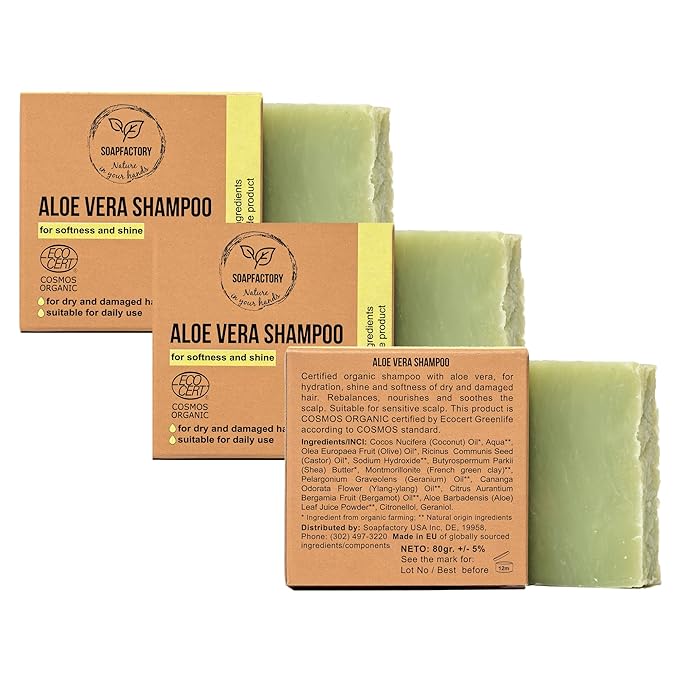 SoapFactory Organic Solid Shampoo Bar for thinning Hair, Hair Soap with Aloe Vera for Men and Women, 100% Natural, Vegan, Handmade, Plastic Free, 3 ounce (Pack of 3)-Velvo Beauty
