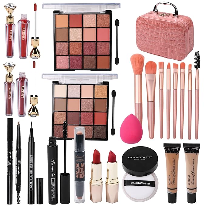 Makeup Kit for Teen Girls,All in One Makeup Kit for 2X16 Colors Eyeshadow Liquid Foundation Eyeliner Pencils Contouring Stick Lip Gloss Eyebrow Pencils 8Pcs Makeup Brushes etc (pink)-Velvo Beauty