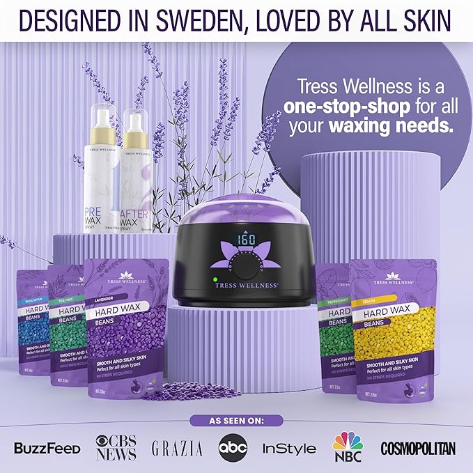 Tress Wellness Waxing Kit for Sensitive Skin – Safe for Face & Skin, Prep & Aftercare Spray, Easy to Use – At-Home Kit for Face, Bikini, Brazilian & Full Body - Digital Display, Black Purple Flower-Velvo Beauty