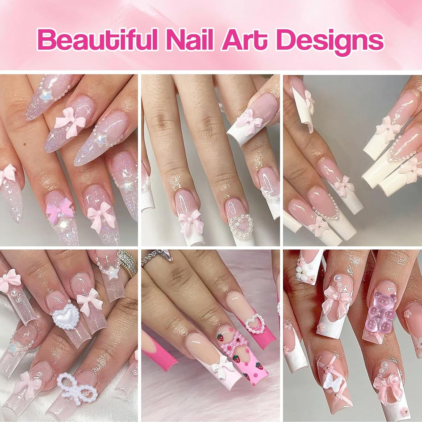 Silver Nail Gems Charms, 3D Pink Color Nail Art Charms, Acrylic Blossom Tiny Flowers Flatback Multi Styles Pearls Nail Charms Planet Heart Butterfly Nail Diamond Charms for Nails Manicure DIY Crafts-Velvo Beauty