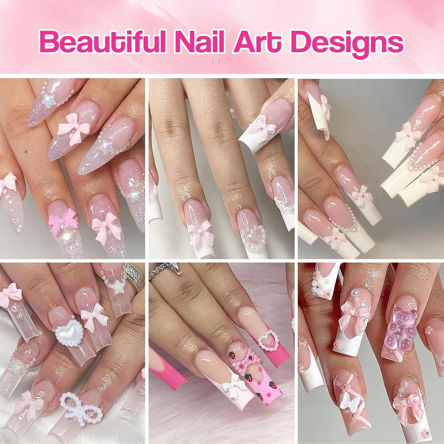 Silver Nail Gems Charms, 3D Pink Color Nail Art Charms, Acrylic Blossom Tiny Flowers Flatback Multi Styles Pearls Nail Charms Planet Heart Butterfly Nail Diamond Charms for Nails Manicure DIY Crafts-Velvo Beauty