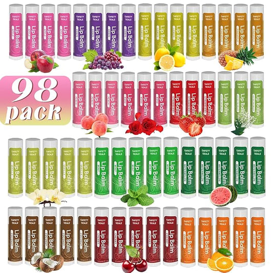 98 Pack Natural Lip Balm Bulk with Vitamin E and Coconut Oil - Moisturizing, Soothing, and Repairing Dry and Chapped Lips - 14 Flavors - Non-GMO-Velvo Beauty