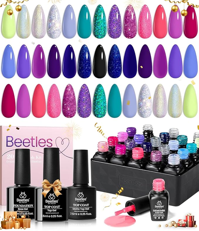 Beetles 20 Colors Gel Nail Polish Kit Midnight Euphoria Collection 23 Pcs Purple Blue Hot Pink Glitter Gel Polish Set Rainbow Soak off Uv Glossy & Matte Top Base Coat Gift for Women-Velvo Beauty