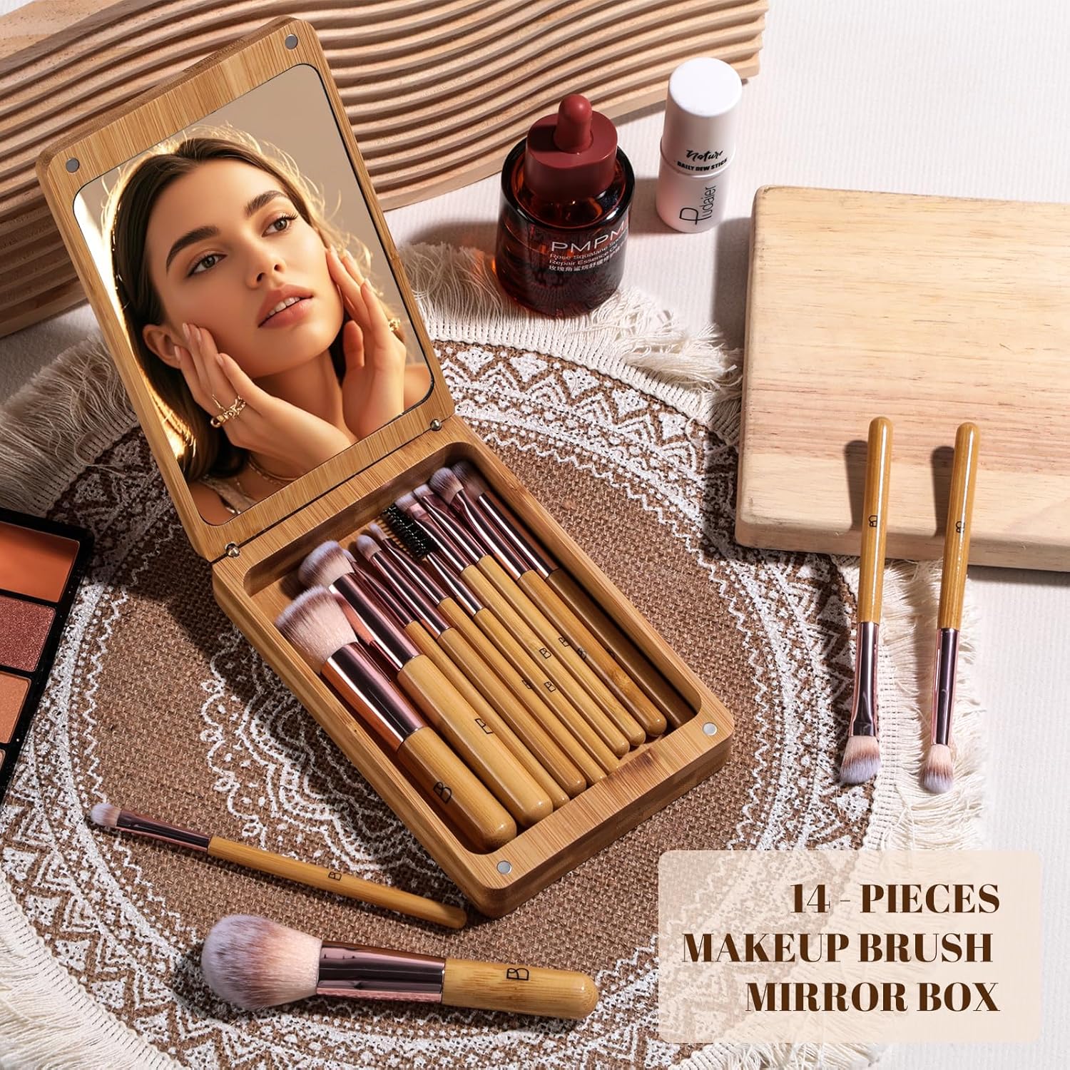 BS-MALL Travel Makeup Brush Set Kabuki Brushes Bamboo- Includes Eyeshadow Blush Brush & Foundation Brush For Liquid Makeup - 5X Magnifier Bamboo Mirror Case For Travel or On the Car Daily Use-Velvo Beauty
