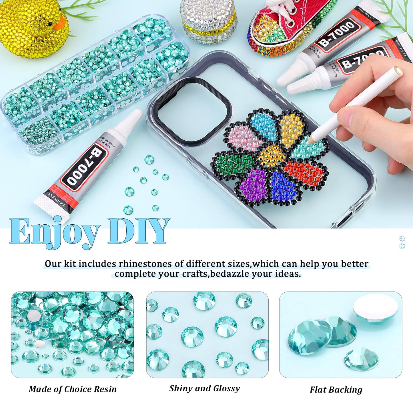 6000Pcs Resin Rhinestones for Bedazzling with 3Pcs B7000 Jewelry Glue, 1 Box Aquamarine Flatback Rhinestones for Crafting Crafts DIY, Crystals Gems for Clothing Shoes Tumblers Nail Art Makeup-Velvo Beauty