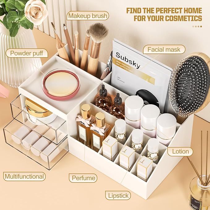 Subsky Makeup Organizer with Drawers, Easy Storage for Beauty Products Brushes, Multifunction Plastic Desk Organizer, Cosmetics Organizer for Countertop Dresser Vanity and Bathroom (White)-Velvo Beauty