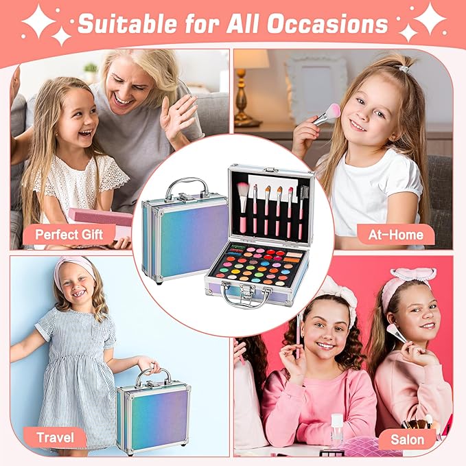Anpro All-In-One Makeup Carry Case with Pro Teen Makeup Set, Full Starter Cosmetics Kit with Makeup Brushes, Eye Shadows Palette, Blushes, Glitter Gel, Temporary Tattoo Stickers - Blue-Velvo Beauty