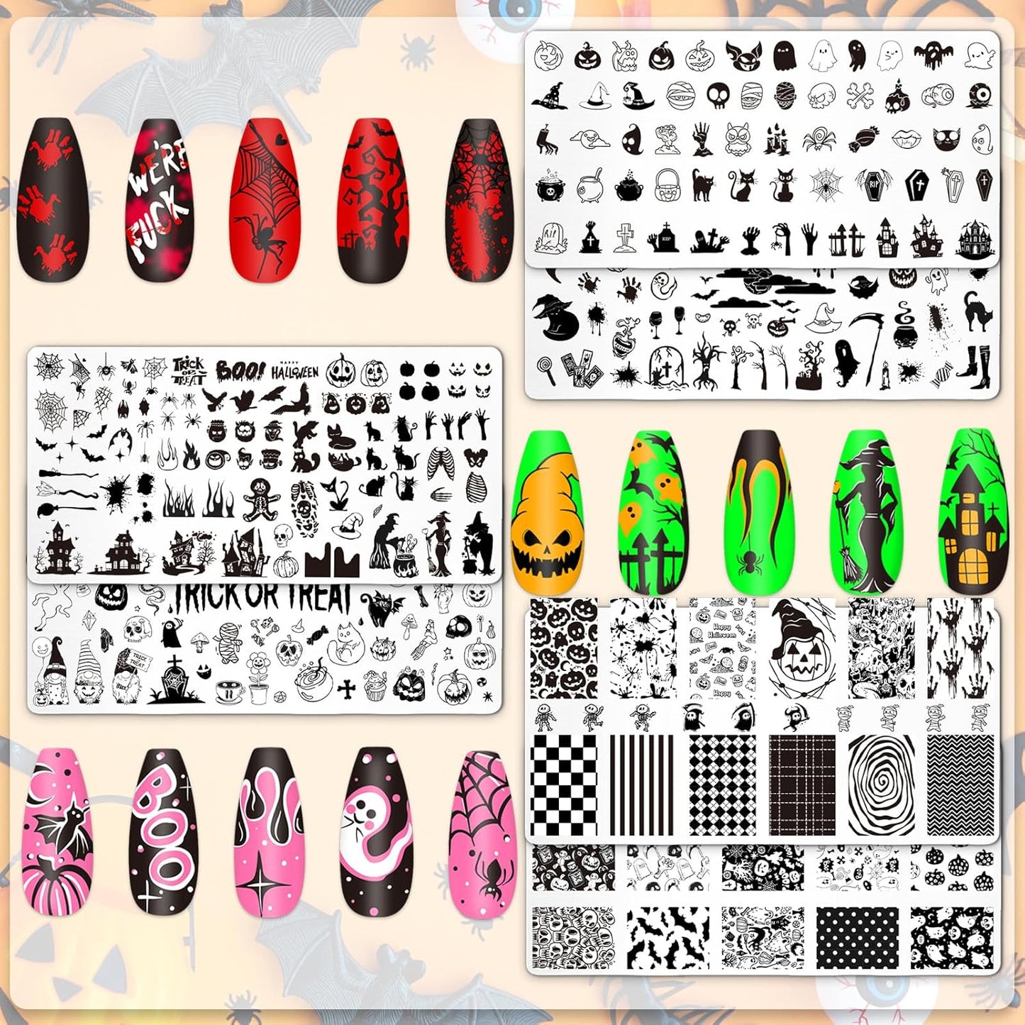 Whaline 6Pcs Halloween Nail Plates Stamping Set Pumpkin Ghost Bat Witch Stamp Templates Nail Art Plates for Trick or Treat Party DIY Print Manicure Salon Design-Velvo Beauty